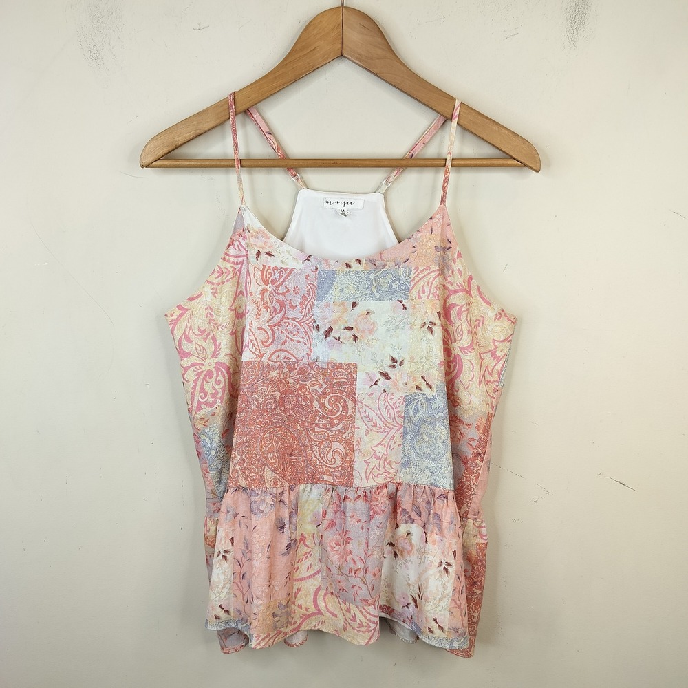 Maisie Patchwork Floral Tank Top Medium Ruffle Boho Pink Peplum Cami